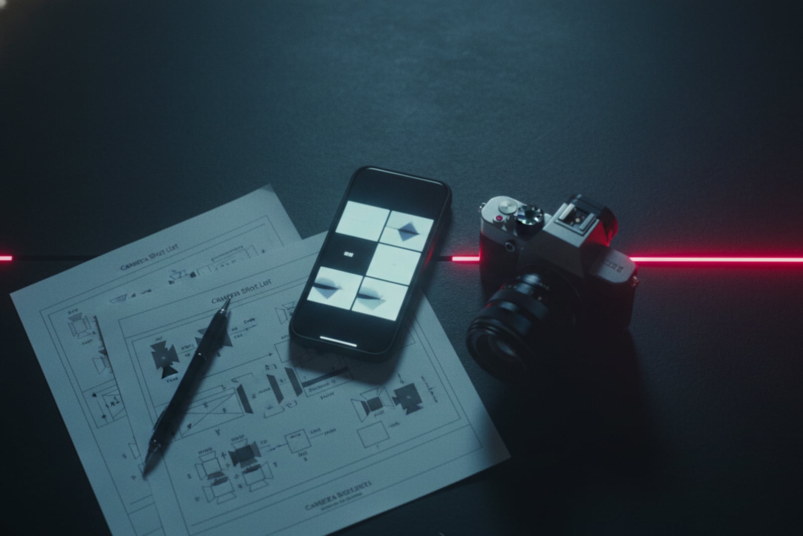 A shot list, storyboard and camera on a dark desk