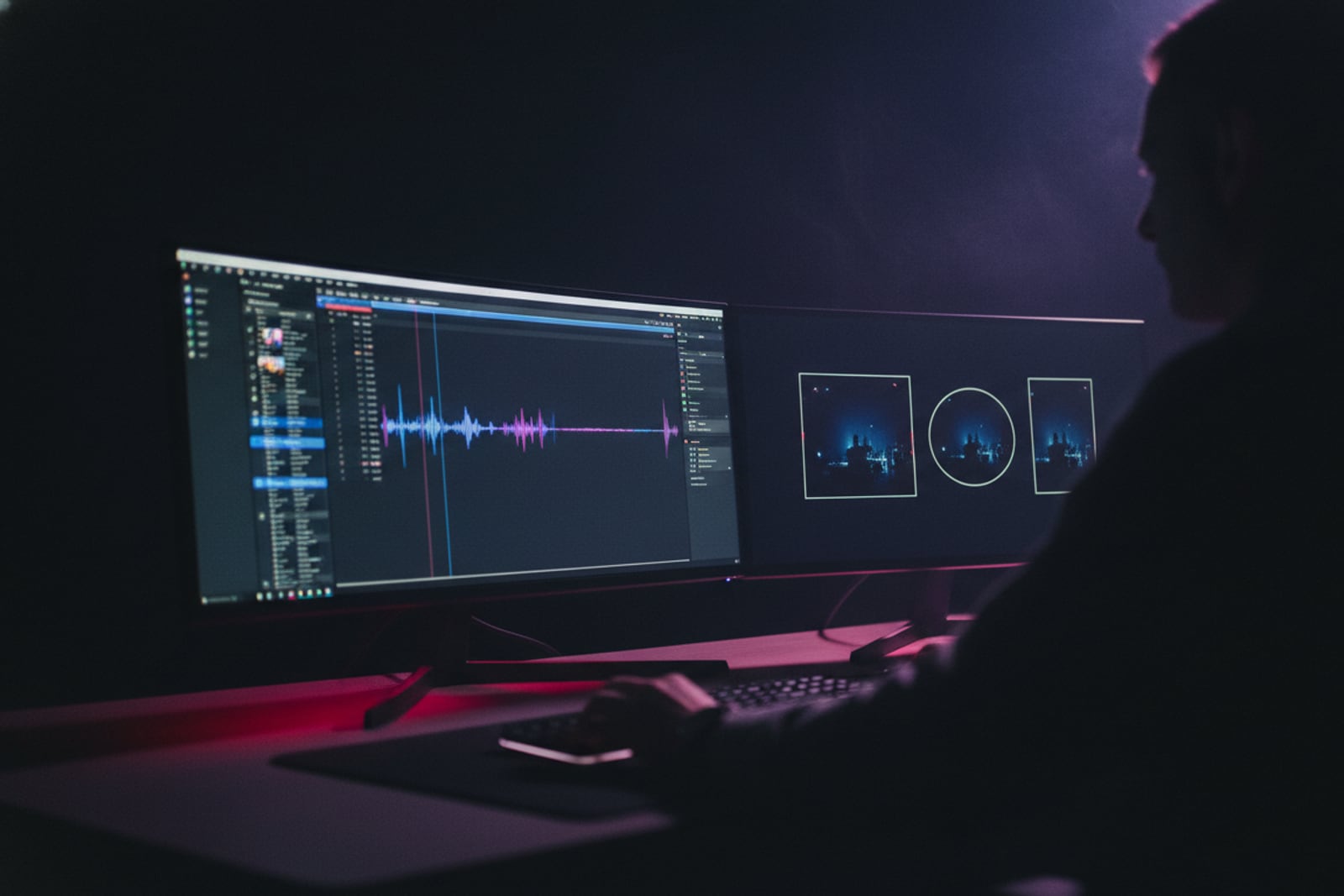 An editor cutting a reel on a wide monitor