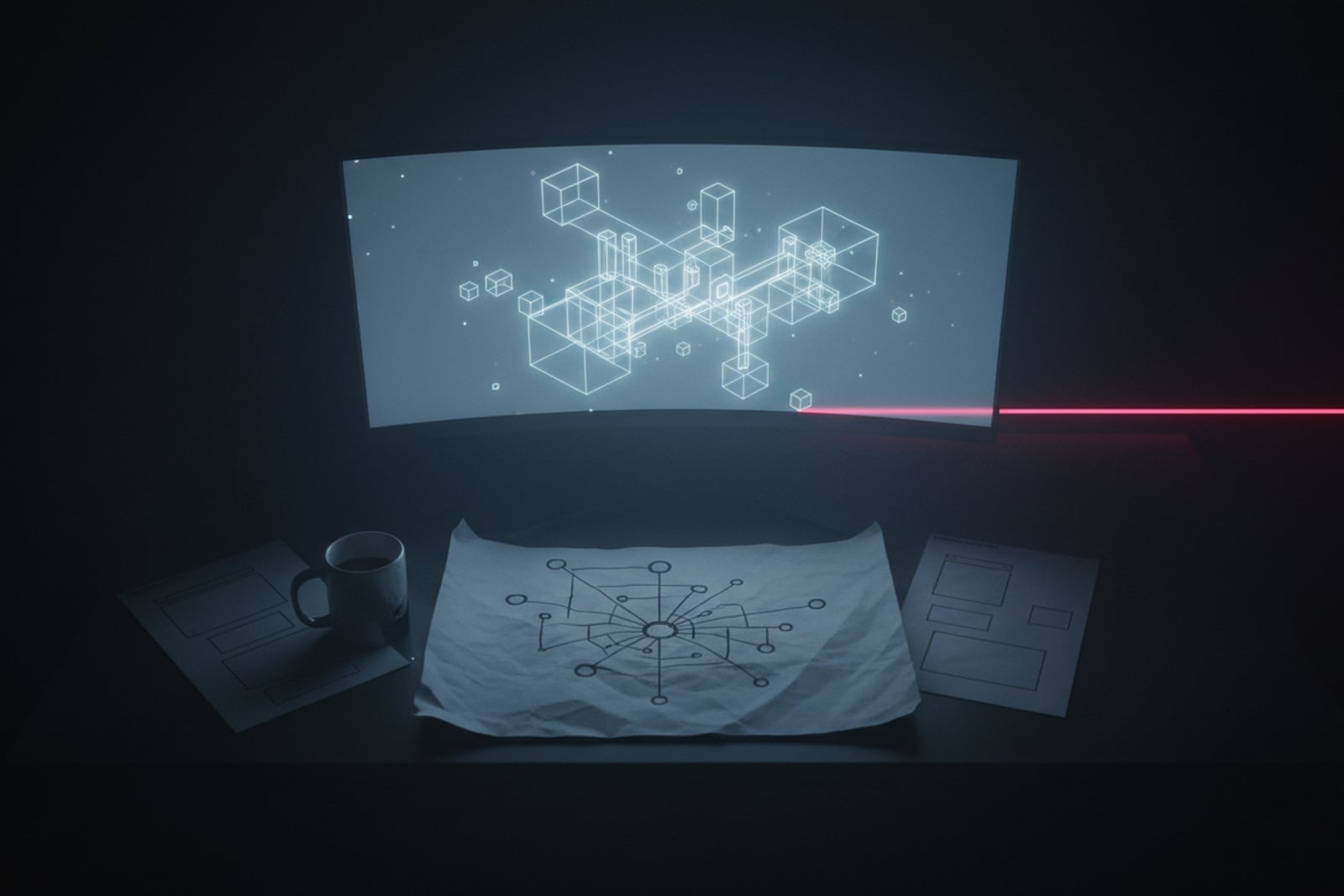 A hand-drawn site map beside a glowing wireframe blueprint on a dark desk