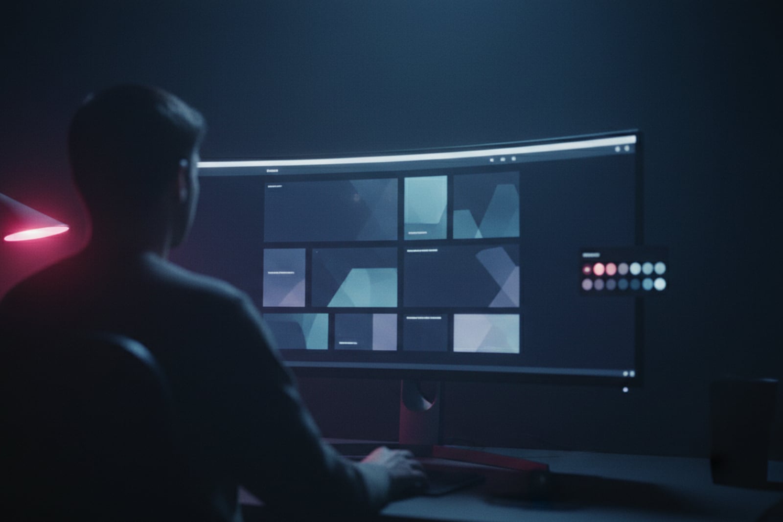 A designer composing a dark cinematic web layout on a wide monitor
