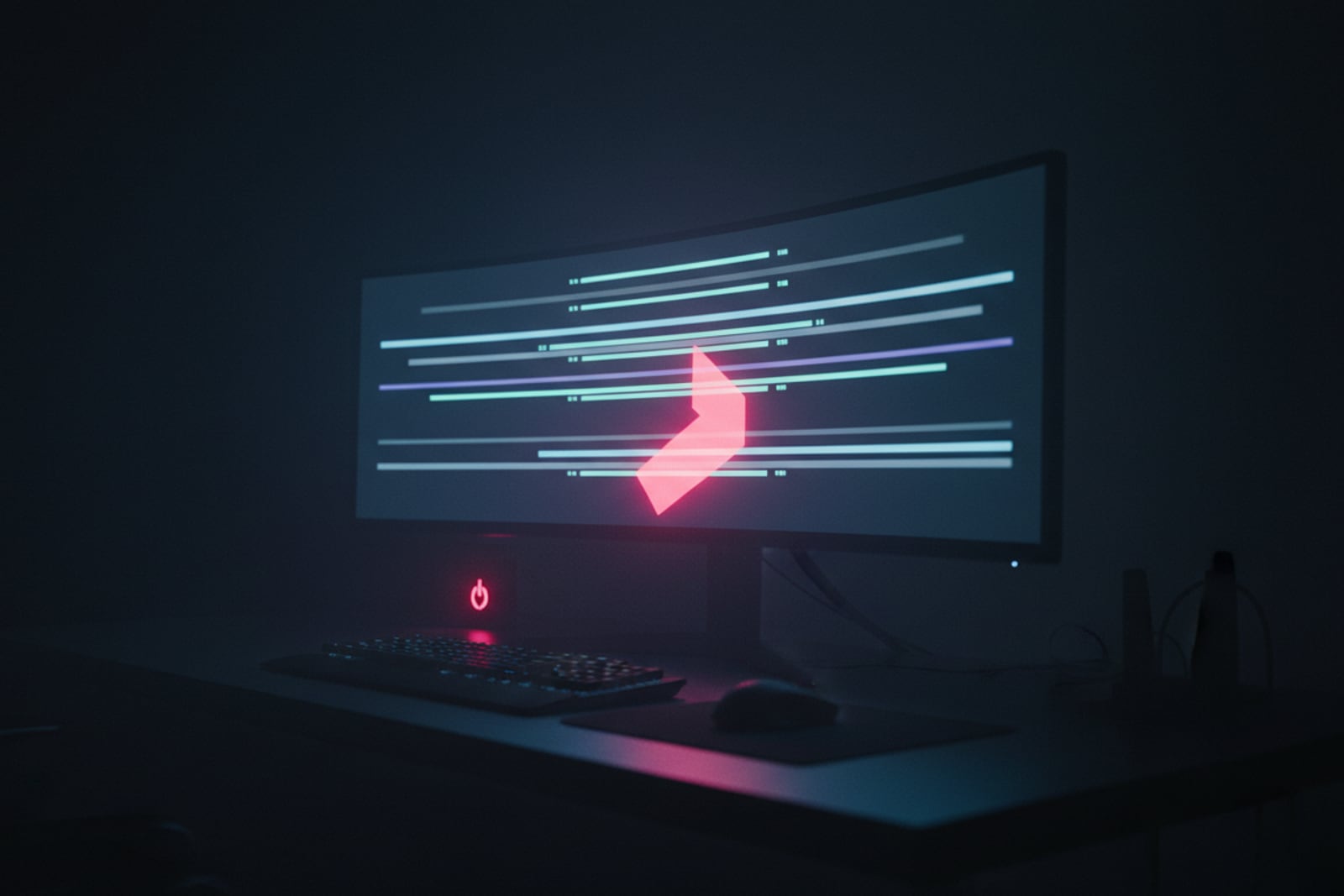 Abstract glowing code on a monitor in a dark developer workspace
