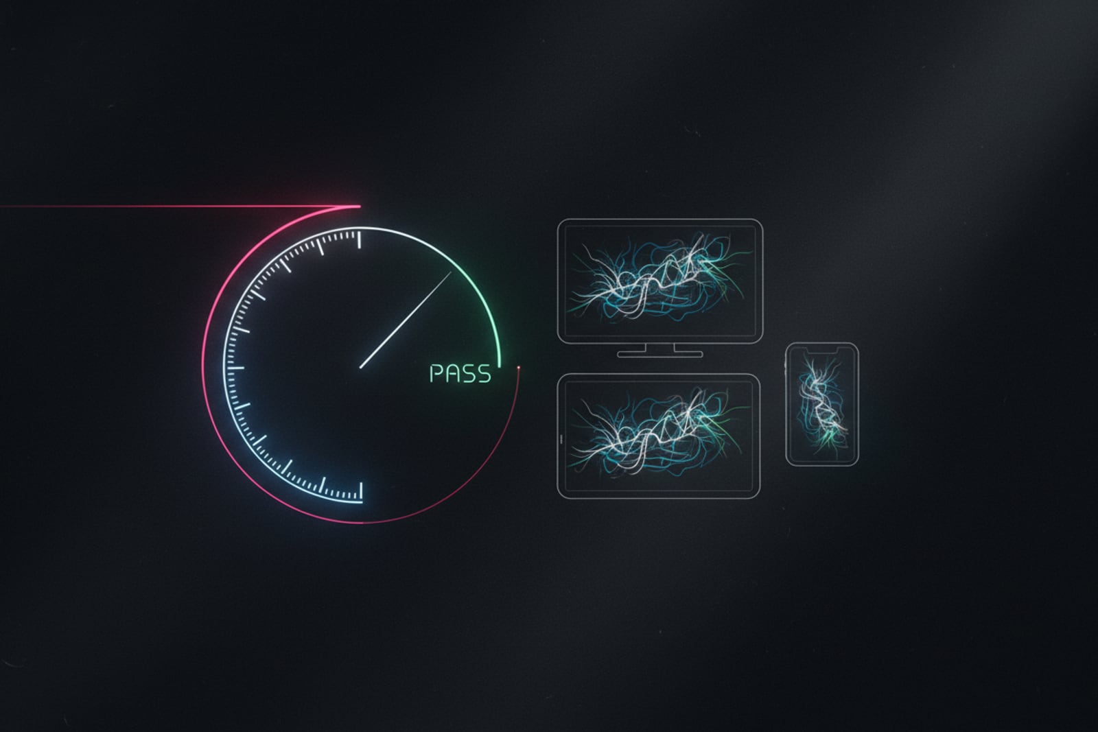 A glowing performance gauge beside the same layout on desktop, tablet and phone