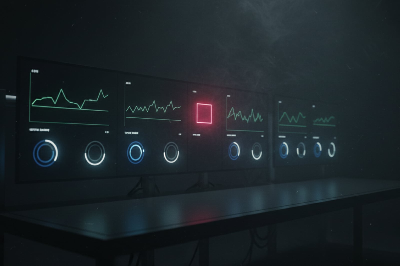A calm monitoring wall of steady glowing uptime graphs in a dark room